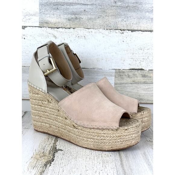 Marc Fisher womens 9 taupe white Adalyn Espadrille Wedge Sandals buckle leather - Picture 2 of 9